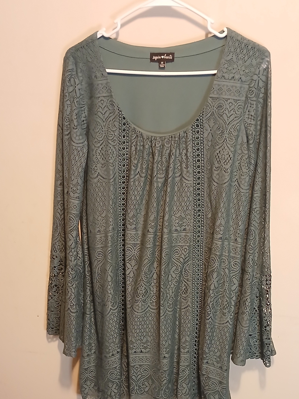 Sequin Hearts Sage Green Lace Tunic Top